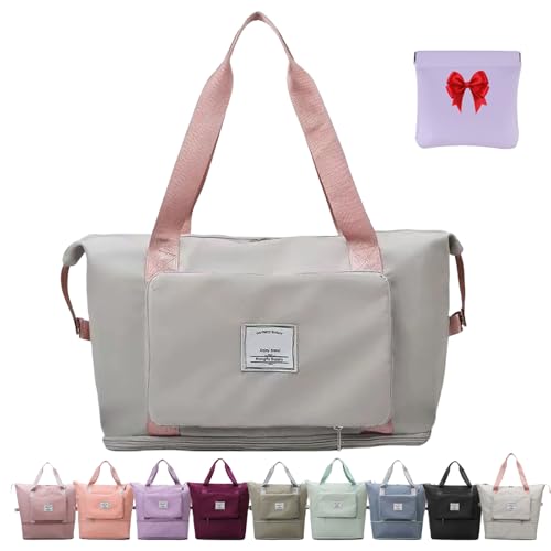 Foldie Travel Bag Expandable, Foldable Travel Duffel Bag, Large Capacity Folding Travel Bag, Lightweight Waterproof Weekender Overnight Bag for Women and Men (Gray+Pink) von fjaldjfu