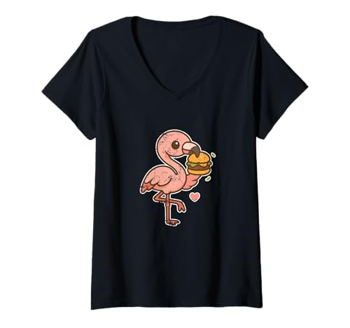 Damen Flamingo Burger Liebeskarikatur T-Shirt mit V-Ausschnitt Damen Flamingo Burger Liebeskarikatur T-Shirt mit V-Ausschnitt von flamingo burger summer fun cute bird burger