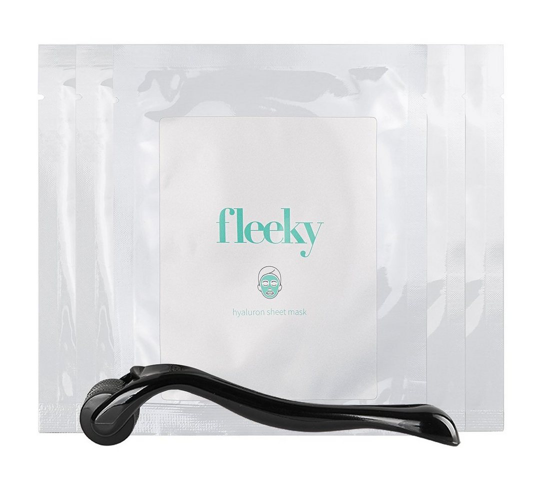 fleeky Tuchmaske Hyaluron Sheet Mask mit 540 Needle Dermaroller Spar-Set, 5-tlg., max. Wirkstoffaufnahme dank Microneedling, Anti-Aging-Effekt, vegan von fleeky