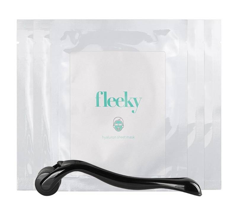 fleeky Tuchmaske Hyaluron Sheet Mask mit 540 Needle Dermaroller Spar-Set, 5-tlg., max. Wirkstoffaufnahme dank Microneedling, Anti-Aging-Effekt, vegan von fleeky