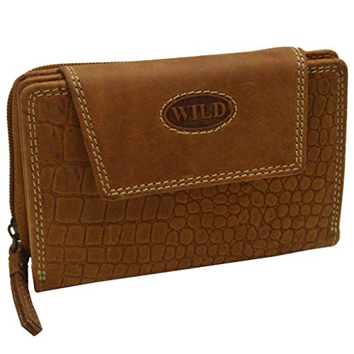 flevado Croco Design Wild Voll Leder Büffel Damengeldbörse Doppelnaht Druckknopfverschluss braun von flevado