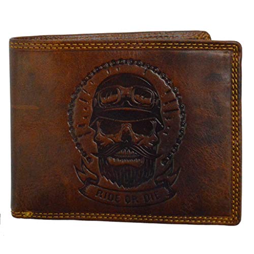 flevado Herren Biker Börse Geldbörse Totenkopf mit Aufschrift RFID Schutz Querformat (braun) von flevado