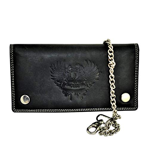 flevado Wild Büffel Leder Geldbörse Scull Totenkopf Biker Wildleder Brieftasche mit Kette (Schwarz) von flevado