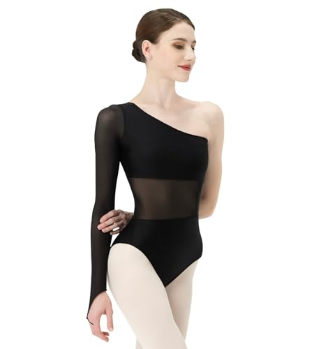 flexdans Ballett Trikot Damen, Erwachsene Langärm Einschultrig Net Ballett Tanztrikot mit Fingermanschetten 9447 Black 175 von flexdans