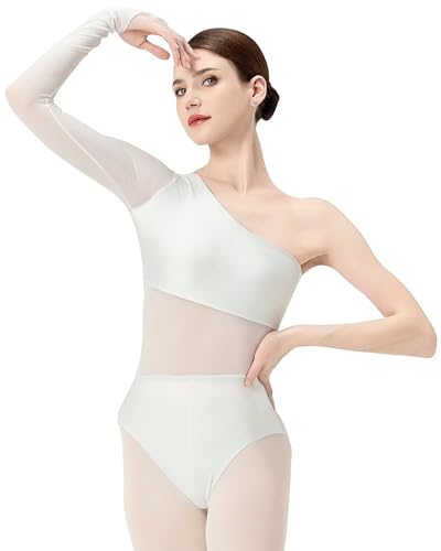 flexdans Ballett Trikot Damen, Erwachsene Langärm Einschultrig Net Ballett Tanztrikot mit Fingermanschetten 9447 White 175 von flexdans