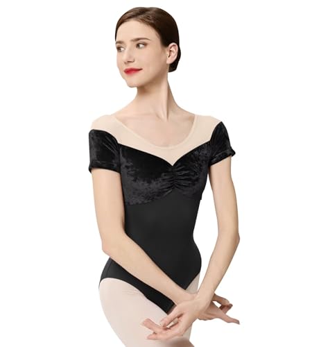 flexdans Ballett Trikot Damen, Kurzarm Tanzbody,Ballett-Tanztrikot aus Samt für Erwachsene mit BH D043 Black 170 von flexdans