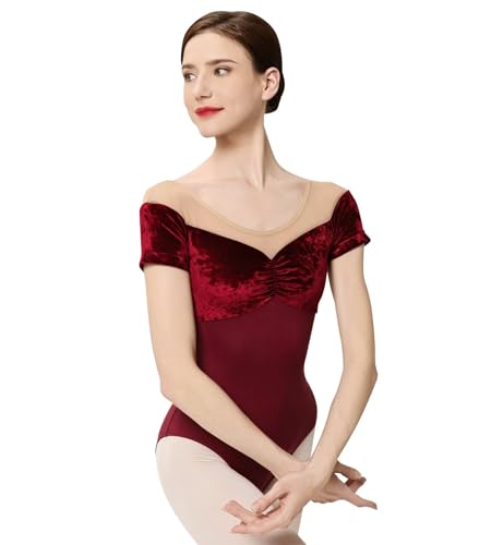flexdans Ballett Trikot Damen, Kurzarm Tanzbody,Ballett-Tanztrikot aus Samt für Erwachsene mit BH D043 Red 165 von flexdans