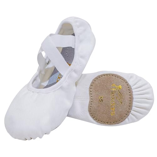 flexdans Ballettschuhe,Hochelastisch Ballettschläppchen Damen Tanzschuhe Mit Geteilte Ledersohle,Ballerina Flats Ballet Schuh für Kinder & Erwachsene White 25 von flexdans