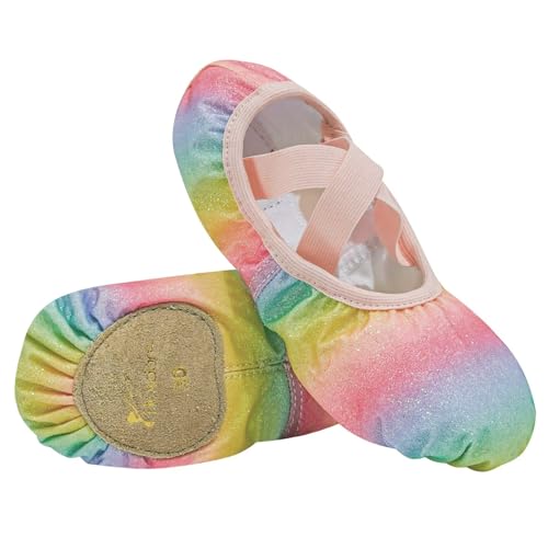 flexdans Ballettschuhe für Mädchen, Kleinkind Kinder Ballettschläppchen Glitzer Ballett Schuhe Geteilter Sohle für Tanz F035 Rainbow 27 von flexdans