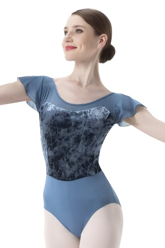 flexdans Damen Ballettanzug, Ballett Trikot Ballettbody Tanz Body Gymnastikanzug Trikot Kurzarm Bodysuit für Erwachsene (D037-Blau-M) von flexdans