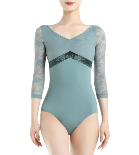 flexdans Damen Ballettkleidung 3/4 Ärmellos, Ballett Trikot Tanzbody Turnanzug für Erwachsene (D006-Grau Grün-M) von flexdans