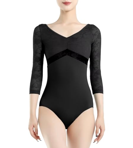 flexdans Damen Ballettkleidung 3/4 Ärmellos, Ballett Trikot Tanzbody Turnanzug für Erwachsene (D006-Schwarz-M) von flexdans
