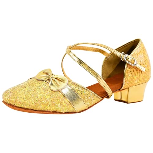 flexdans Glitter Latein Tanzschuhe für Mädchen Damen,Latin Salsa Gesellschaftstanz Schuhe Tango Tanzen Geschlossene Zehe Tanzschuhe für Kinder Gold 27 von flexdans