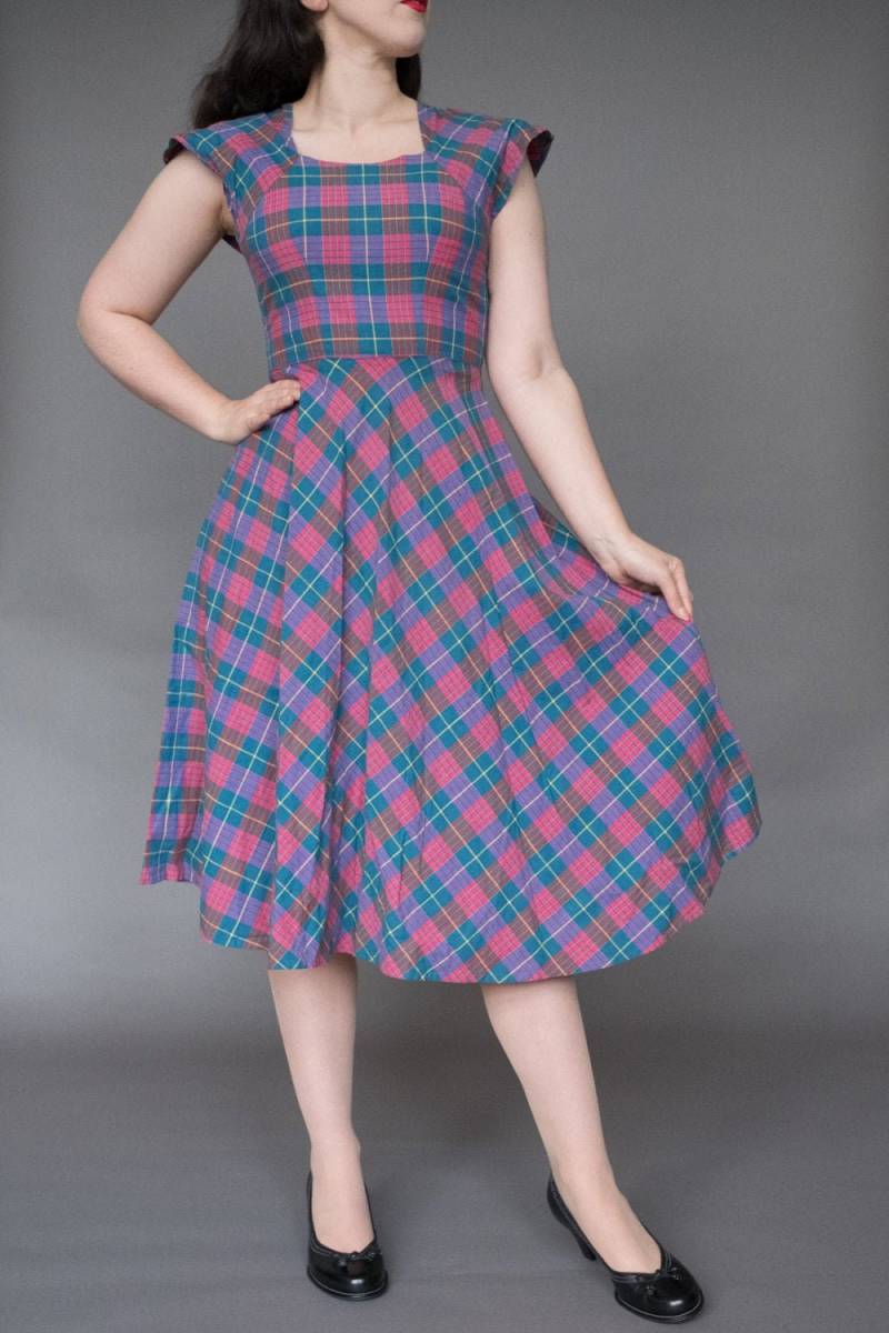 50S Rosa & Grünes Kariertes Baumwollkleid 70Er Jahre Xs von flightpathvintage