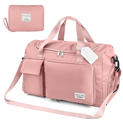 Flintronic 35L Faltbare Reisetasche Gepäcktasche Große Weekender Übernachtungstasche Urlaubstasche Wasserdicht Sporttasche für Herren Damen (mit 1 Gepäckanhänger) - Rosa von flintronic