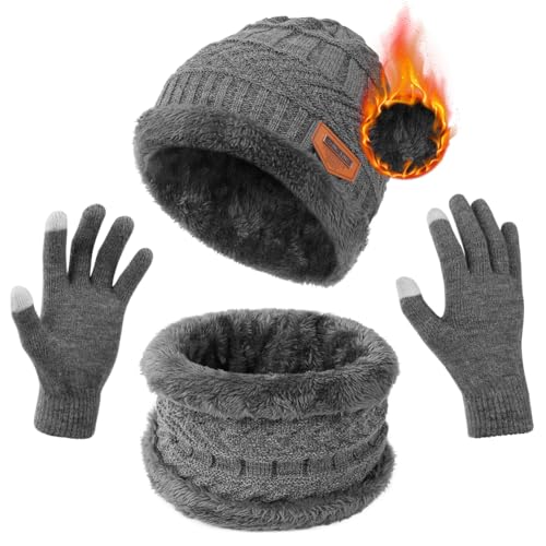 flintronic Wintermütze Schal Touchscreen Handschuhe Set, Fleece-Innenfutter Warm Beanie Mütze Schal Touchscreen Handschuhe Set, Elastische Mütze Runder Schal Handschuhe Set für Herren & Damen von flintronic