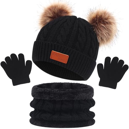 flintronic 3 in 1 Kinder Wintermütze Schal Handschuhe Set, Thermal Knit Mütze Schal Handschuhe Set, Fleece Gefütterte, Winter-Accessoires-Sets für Jungen und Mädchen von 1–5 Jahren, Schwarz von flintronic