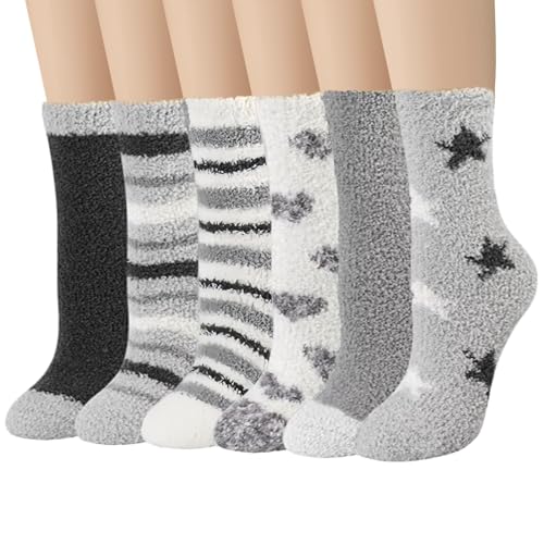 flintronic 6 Paar Kuschelsocken Damen, Wintersocken Flauschige Socken Antiruschsocken, Flauschige Socken, Flauschige Bettsocken aus Korallenfleece, Warme Bettsocken Haussocken, Grau von flintronic