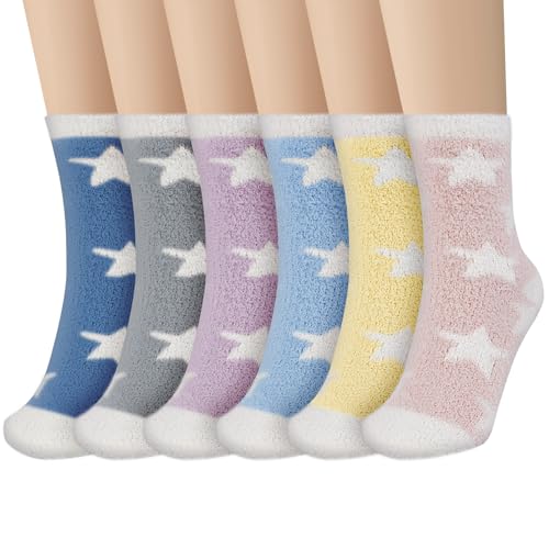 flintronic 6 Paar Kuschelsocken Damen, Wintersocken Flauschige Socken Antiruschsocken, Flauschige Socken, Flauschige Bettsocken aus Korallenfleece, Warme Bettsocken Haussocken, Star von flintronic