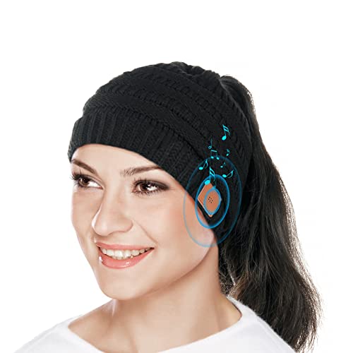 flintronic Bluetooth Beanie Mütze, Winter Wärmer Wiederaufladbare Strickmützen, Pferdeschwanz Mützen Ideen Musik Mütze Tech Geschenke für Frauen von flintronic