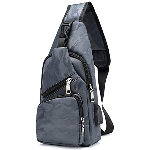 flintronic Brusttasche mit USB-Aufladung, Brusttasche Sling mit Verstellbarem, Rucksack Schultertasche für Männer (einschließlich 1 * USB-Kabel) - Grau Tarnung von flintronic