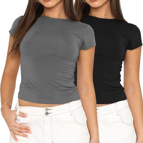 flintronic Damen Basic Kurzarm, Einfarbig Oberteile, Crop Top Casual, Y2K Rundhalsausschnitt Tops, Stretch Oberteile, Slim Fit Tshirts von flintronic