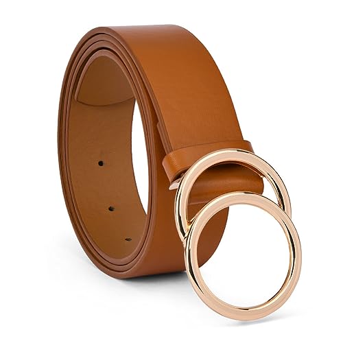 flintronic Damen Ledergürtel, Faux Leather Belt, Doppel O-Ring-Schnalle, Stilvoll Gürtel, Länge 105 CM, Breit 3.3 CM, für Jeans, Kleiderhosen Hosen Kleider, Braun von flintronic