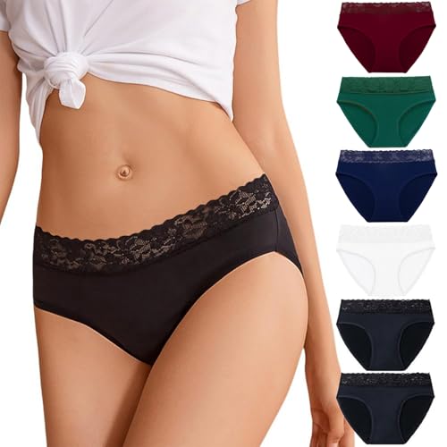 flintronic Damen Unterhosen Spitze Slip, 6er Pack Baumwolle Weich Unterwäsche, Atmungsaktiv Slips Bequeme mit Spitze Bequeme Hipster(L) von flintronic
