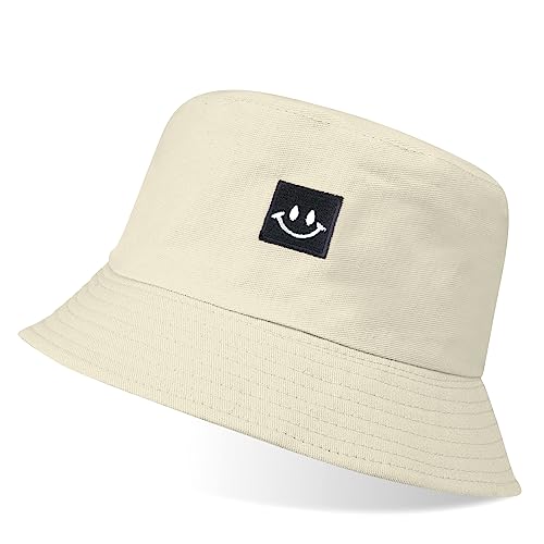 flintronic Fischerhut Bucket Hat, Unisex Baumwolle Smiling Face Hut, Faltbarer Fischerhüte, Outdoor Sommerhut Sonnenhut, Reversibel Freizeithut für Wandern Camping Reisen Angeln (Beige) von flintronic