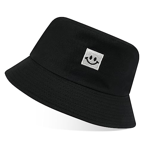 flintronic Fischerhut Bucket Hat, Unisex Baumwolle Smiling Face Hut, Faltbarer Fischerhüte, Outdoor Sommerhut Sonnenhut, Reversibel Freizeithut für Wandern Camping Reisen Angeln (Schwarz) von flintronic