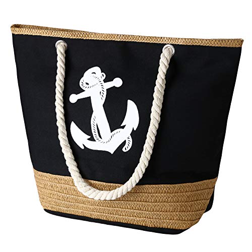 flintronic Große Strandtasche mit Reißverschluss und Innentasche Wasserdicht Strandtasche, Einkaufstasche Shopper für Damen, Schultertasche Einkaufstasche - Schwarz von flintronic