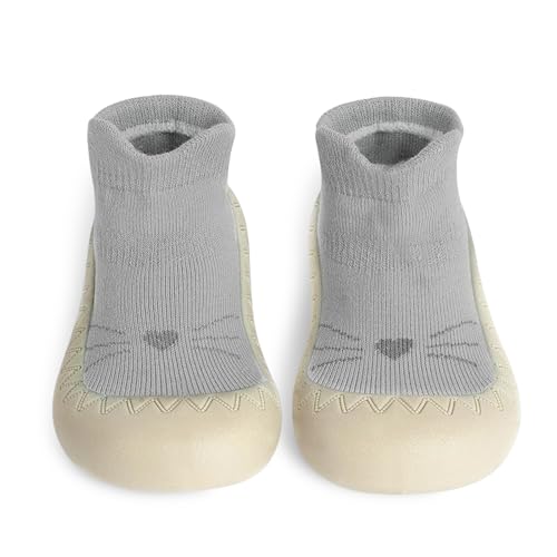 flintronic Krabbelschuhe Baby, Lauflernschuhe Kinder, Rutschfeste Hüttenschuhe Sockenschuhe, für Mädchen Junge, Blaue Katze, 6-12 Monate von flintronic