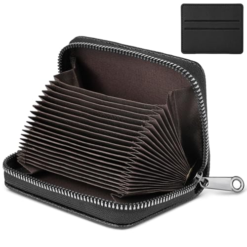 flintronic Kreditkartenetui Damen, RFID Schutz Leder Kreditkartenetui, 20 Fächer Kartenetui, Kartenhalter Geldbörse Klein Geldbeutel Mit Reißverschluss, Visitenkartenetui Damen und Herren – Schwarz von flintronic