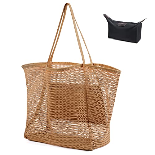 flintronic Mesh Strandtasche Groß mit Reißverschluss Innentasche, 45 * 35 * 16 cm Strandtasche Damen mit Kosmetiktasche，Große Reisetasche Strandtasche Faltbare Handtaschen Beach Tote Bag von flintronic