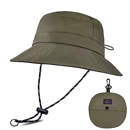 flintronic Sonnenhut Herren Damen, Wide Brim UV-Schutz Eimer Hüte mit Kinnriemen, Faltbar Wasserdicht Breathable Design für Wandern/Angeln/Camping-Armeegrün von flintronic