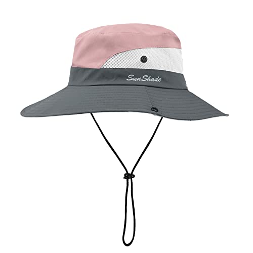 flintronic Sonnenhut Herren Damen,Wide Brim UV-Schutz Eimer Hüte,Faltbare Cowboyhut mit Kinnriemen,Seiten Presse und Breathable Ineinander greifen Cown,Design für Strand/Wandern/Angeln/Camping-Rosa von flintronic