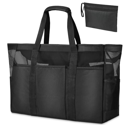 flintronic Strandtasche Familie mit Reißverschluss, 60 * 55 * 19CM Extra Große Reisetasche Strandtasche Damen, Mesh Beach Bag Shopper Faltbare Schultertaschen Badetasche mit Kosmetiktasche, Schwarz von flintronic