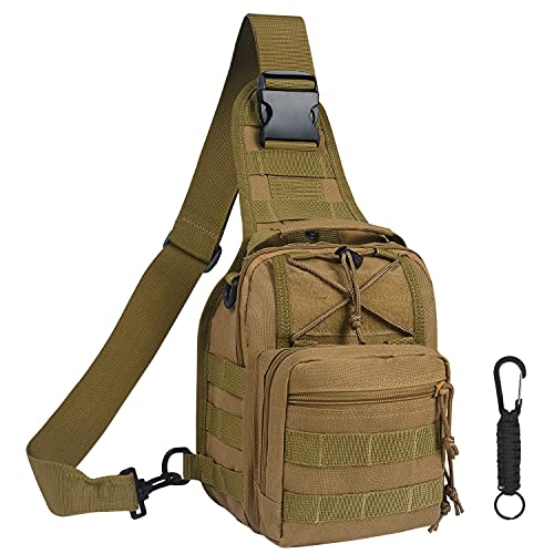flintronic Taktische Sling Rucksack,Brusttasche mit Verstellbarem, Militär Schultertasche,Umhängetasche,Rucksack Schultertasche mit Karabiner für Outdoor Sport Camping Wandern - Khaki von flintronic