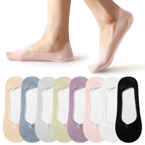 flintronic Unsichtbare Rutschfeste Eisseidensocken, 8 Paar Damen No-Show-Socken mit Rutschfest Silikon, Atmungsaktive Geschnittene Eisseidensocken für Loafer, Sneakers, Flache Schuhe, Bootsschuhe von flintronic