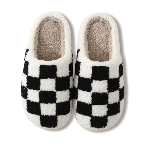 flintronic Schachbrett Slippers Damen Herren, Hausschuhe Mädchen, Winter Warme Flauschige Plüsch Hausschuhe, Rutschfeste Leichte Weiche Pantoffeln, Retro Slip-On Kuschelige Schlappen Drinnen Draußen von flintronic