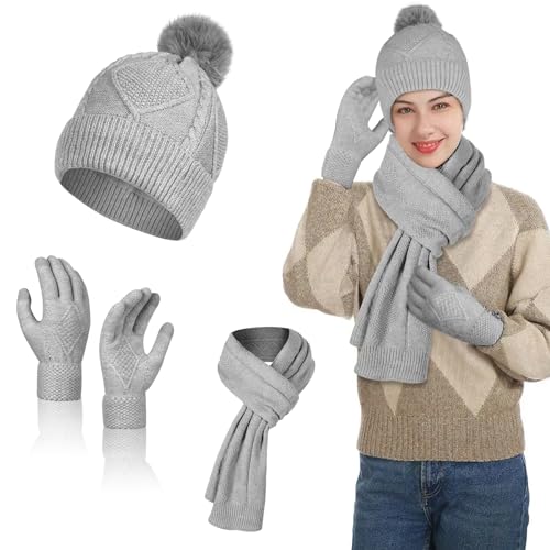 flintronic Winter Warm Strickmütze Hut Schal Touchscreen Handschuhe Set, Beanie Mütze Schal Handschuhe Set, Fleece Innenfutter Knitted Hat, Warme Touchscreen Gloves & Weiche Lange Scarf für Damen von flintronic