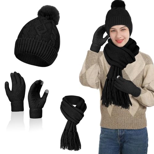 flintronic Winter Warm Strickmütze Hut Schal Touchscreen Handschuhe Set, Beanie Mütze Schal Handschuhe Set, Fleece Innenfutter Knitted Hat, Warme Touchscreen Gloves & Weiche Lange Scarf für Damen von flintronic