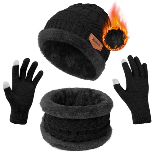 flintronic Wintermütze Schal Touchscreen Handschuhe Set, Fleece-Innenfutter Warm Beanie Mütze Schal Touchscreen Handschuhe Set, Elastische Mütze Runder Schal Handschuhe Set für Herren & Damen von flintronic