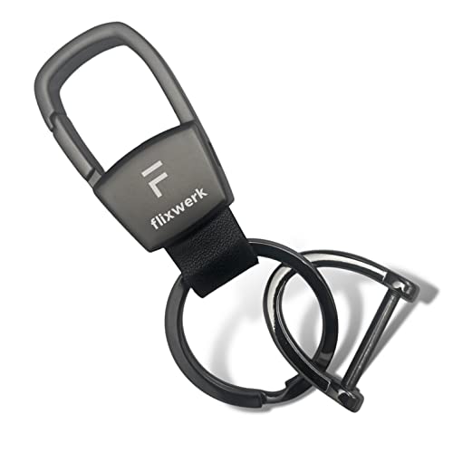 flixwerk® - Schlüsselanhänger mit Karabiner Karabinerhaken aus Metall und Leder, Auto Schlüsselanhänger mit 2 Schlüsselringen inkl. Schraubendreher (Schwarz) von flixwerk