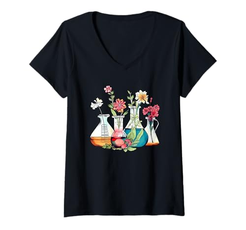 Damen Blumenbecher Chemielabor Lehrer T-Shirt mit V-Ausschnitt Damen Blumenbecher Chemielabor Lehrer T-Shirt mit V-Ausschnitt von floral beakers chemistry lab teacher t-shirt