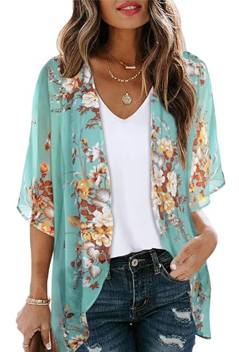 florynova Damen Causal Kimono Cardigan Sommer Tops Loose Fit Strand Cover Ups Blumendruck Blusen, aqua blue, XX-Large von florynova
