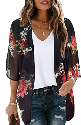 florynova Damen Causal Kimono Cardigan Sommer Tops Loose Fit Strand Cover Ups Blumendruck Blusen, black floral, 42 von florynova