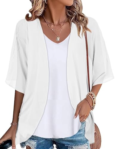 florynova Damen Causal Kimono Cardigan Sommer Tops Loose Fit Strand Cover Ups Blumendruck Blusen, weiß, 50 von florynova