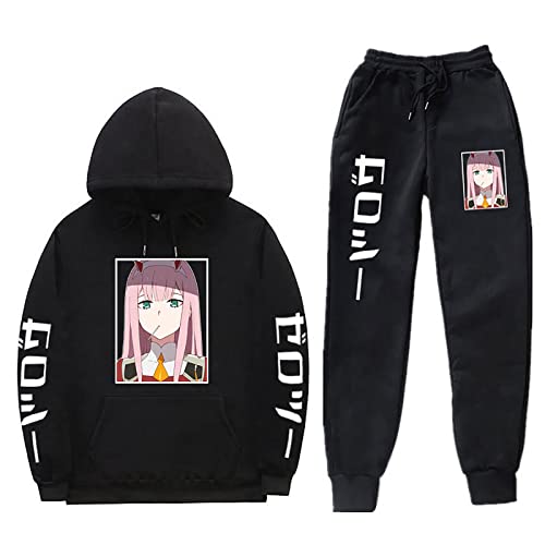 Anime Darling in The FranXX Casual Trainingsanzüge 2 Stück Set Zero Two Langarm Hoodie Jogginghose Code:002 Sweatshirt Hose von flowereyes
