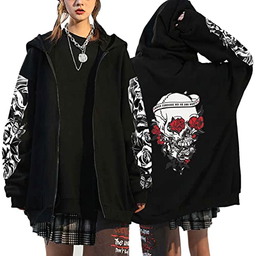 Damen Y2K Zip Up Hoodies Hip Hop Gothic Harajuku Hoodie Skull Graphic Langarm Reißverschluss Sweatshirt Übergroße Jacke Damen Y2K Zip Up Hoodies Hip Hop Gothic Harajuku Hoodie Skull Graphic Langarm Reißverschluss Sweatshirt Übergroße Jacke von flowereyes